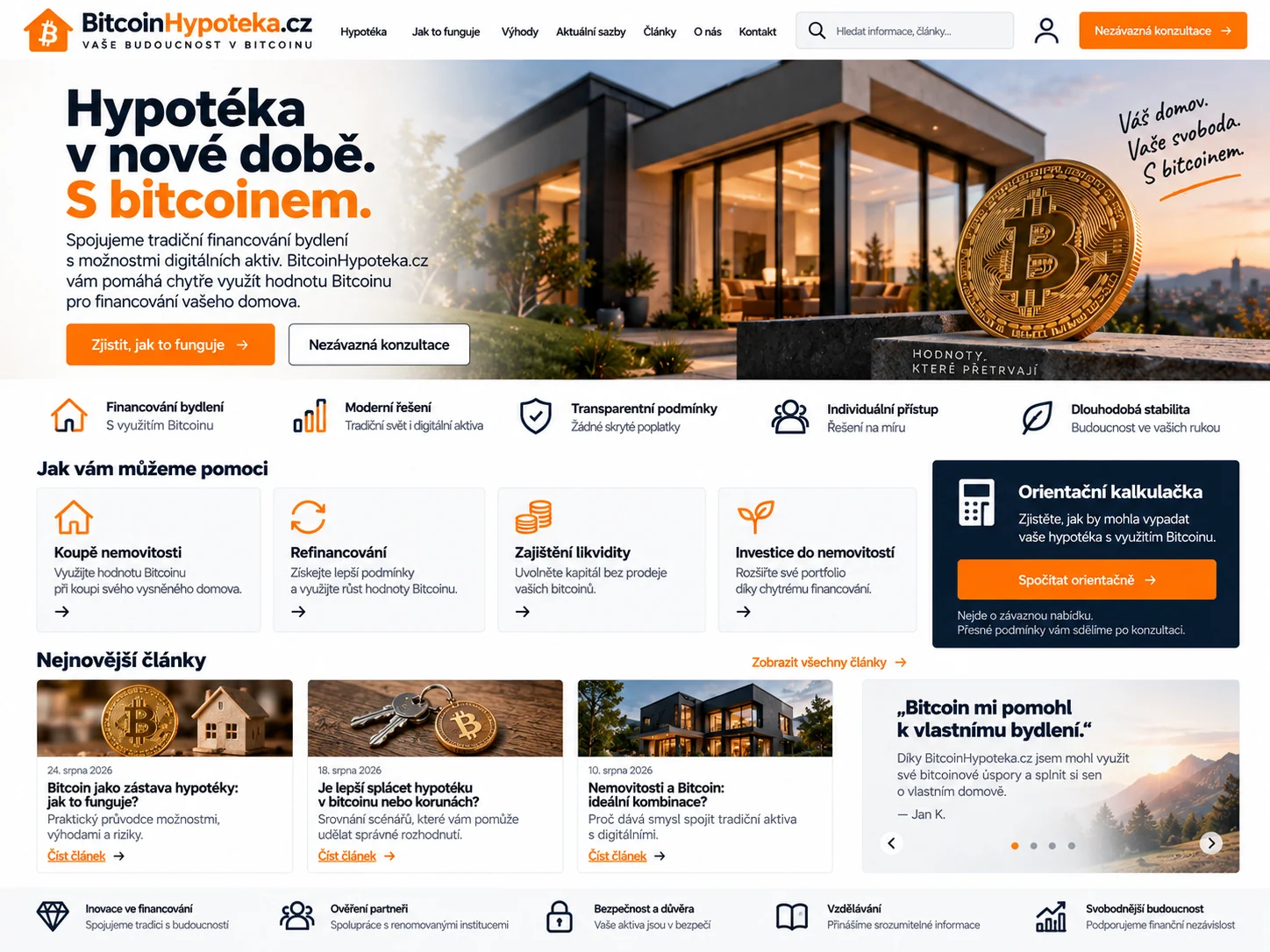 Ilustrační návrh 1 pro BitcoinHypoteka.cz: hypoteční informační web s bitcoinovým tématem