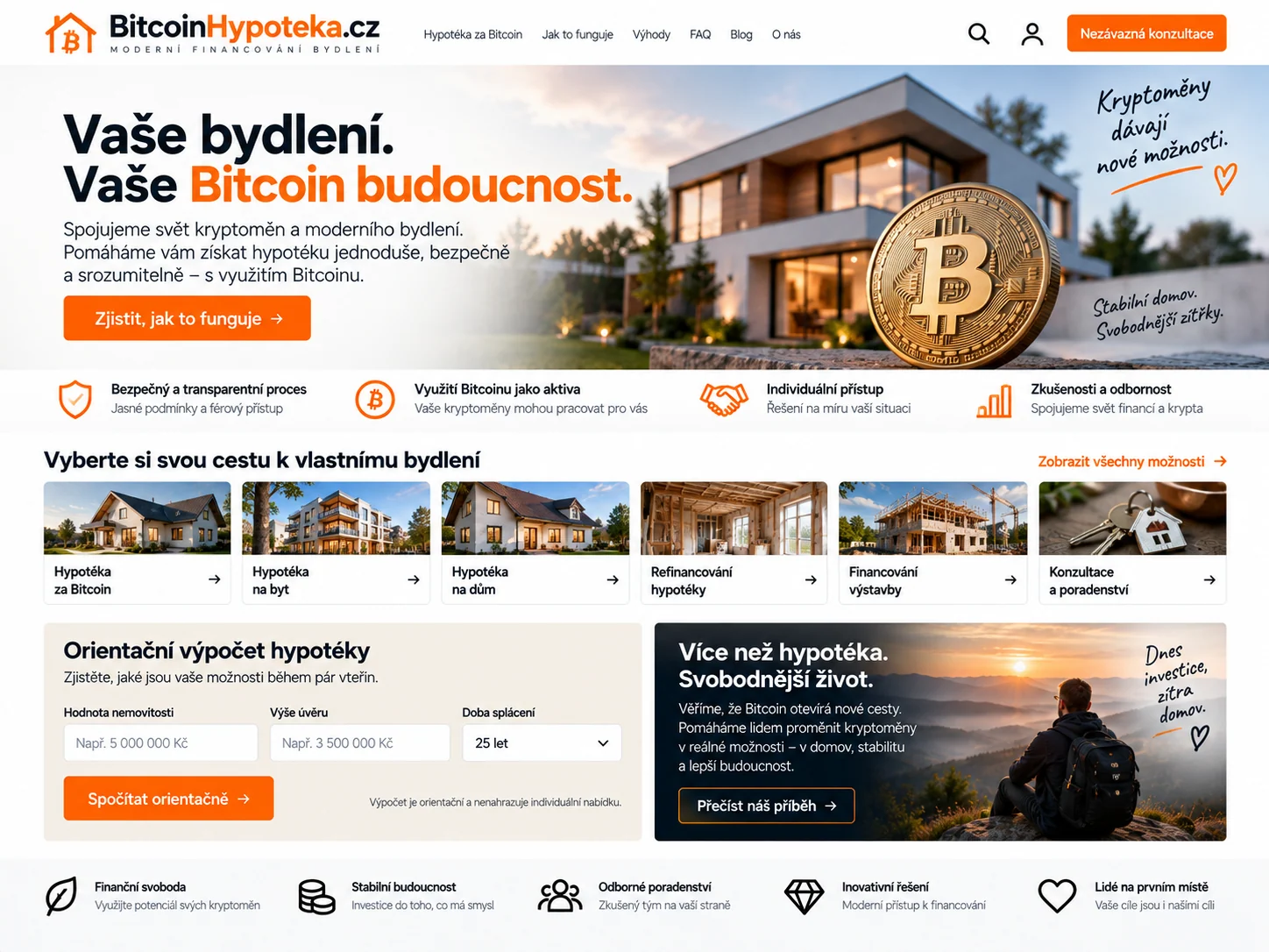 Ilustrační návrh 2 pro BitcoinHypoteka.cz: hypoteční informační web s bitcoinovým tématem